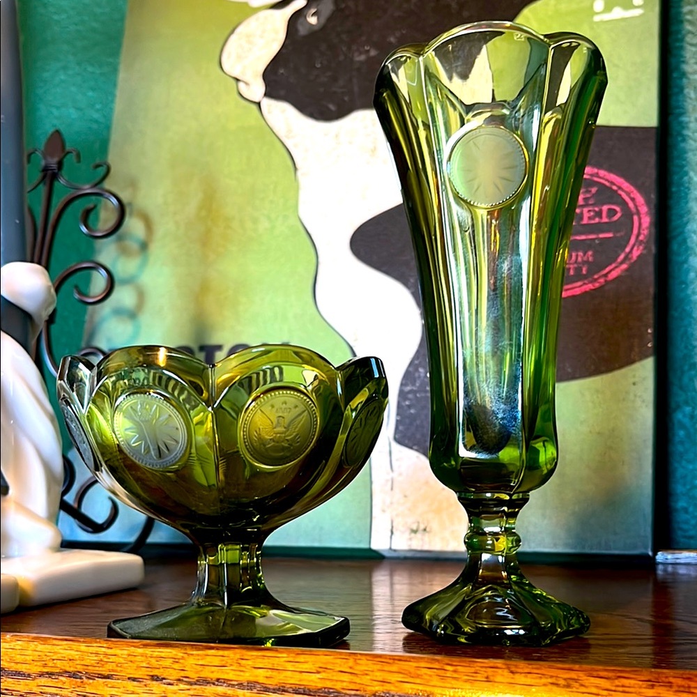 2 pc. Set FOSTORIA GLASS COIN pattern bud vase & custard dish jelly OLIVE GREEN